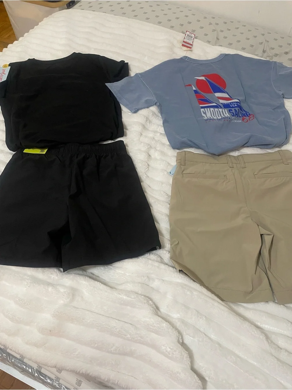 Set of Kids Tops & Shorts - Black Graphic Tee, Blue Tee, Black & Khaki Shorts